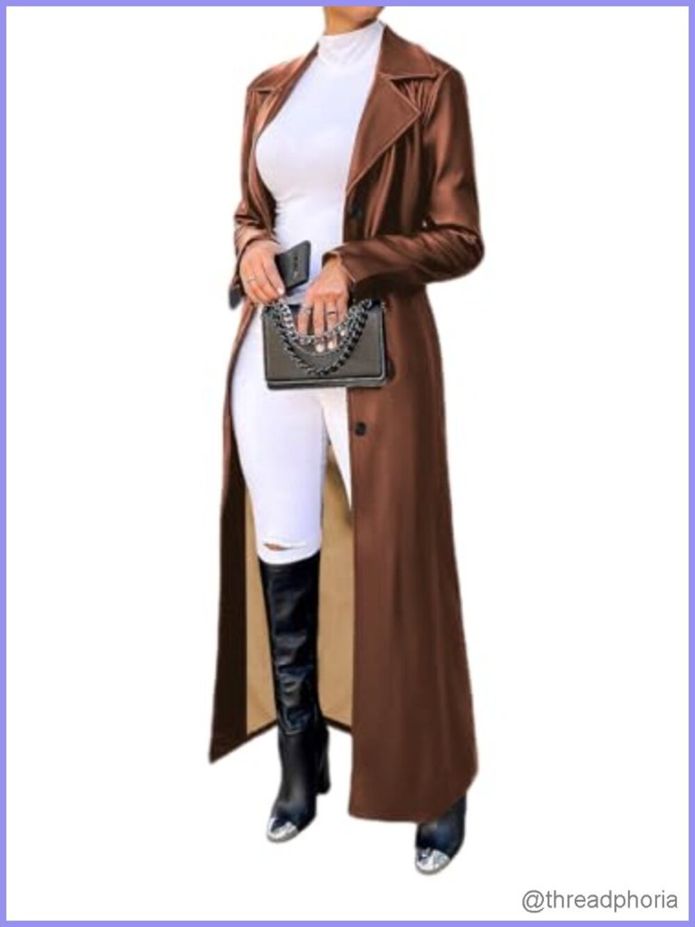 Womens Long Faux Leather Trench Coat Button Up Midi Jacket